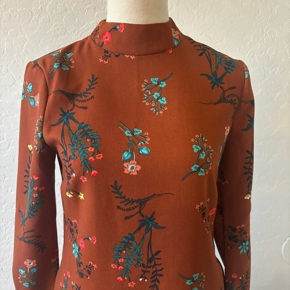 WAYF Brown Floral Long Sleeve Mock Neck Shift Dress Academia Preppy Size XS - Picture 3 of 13